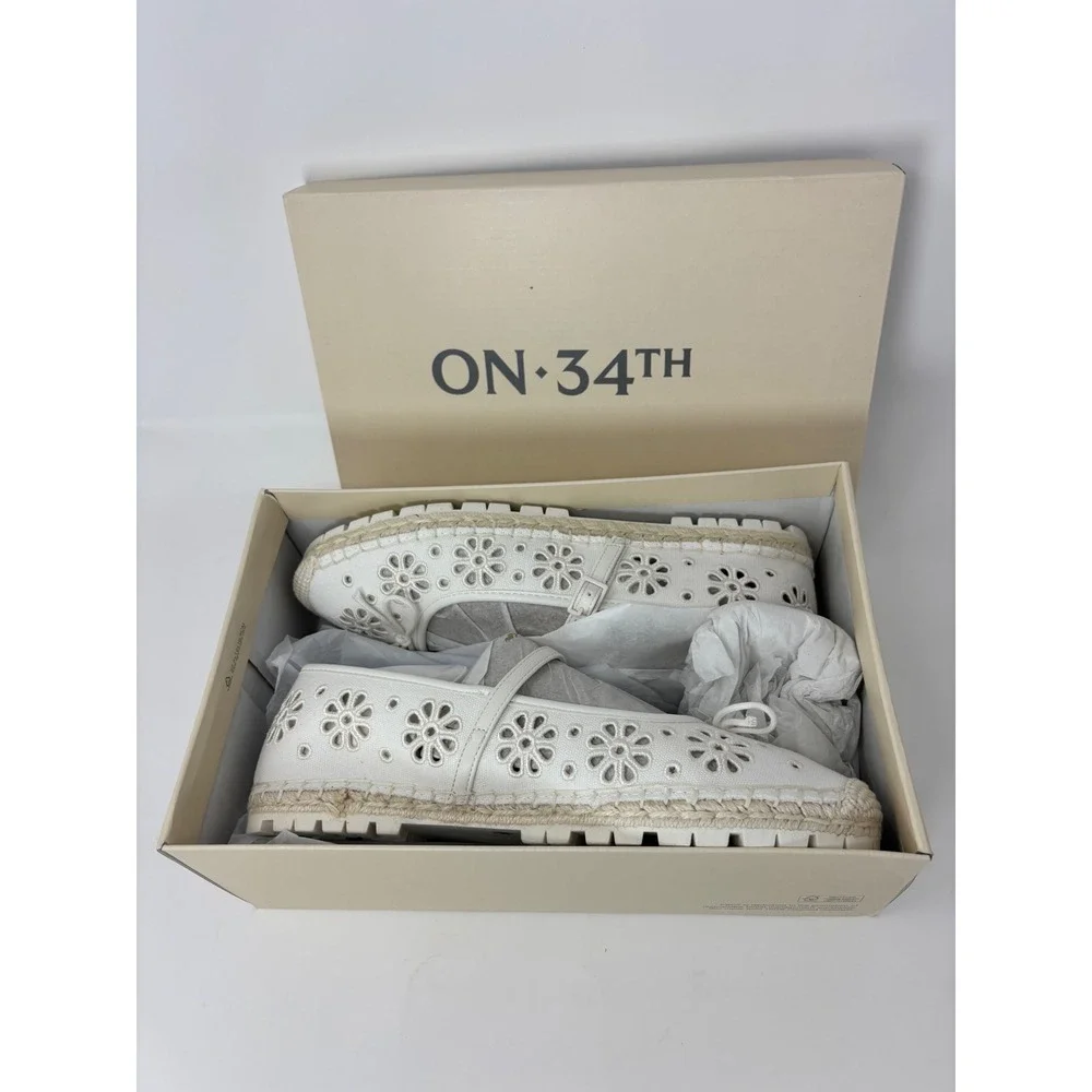 On 34th Cassieef White Eyelet Floral Mary Jane Espadrille Flats Lug Sole 10M
